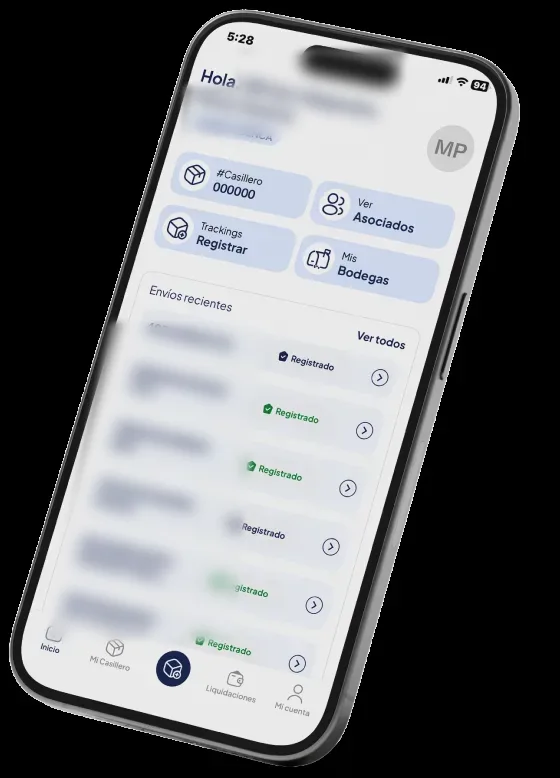 App de RioCargo Express mostrando el casillero y los envíos recientes